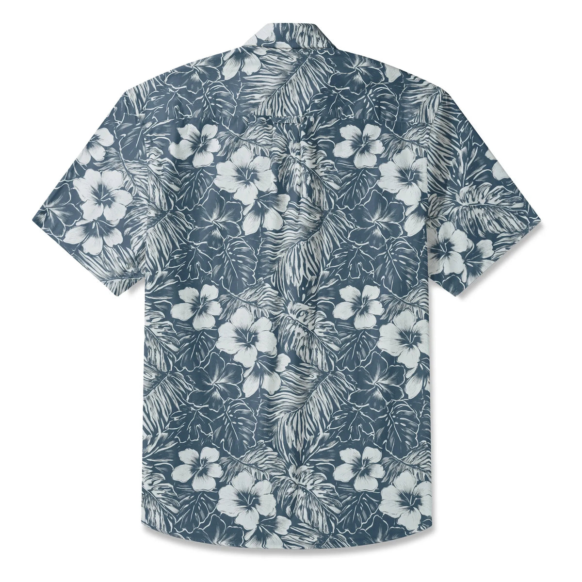 LeosWare® Hibiscus Flower Men's Hawaiian Shirt Short Sleeve Button-up 100% Cotton Blue Aloha Blue Ink Flower Shadows By Ann