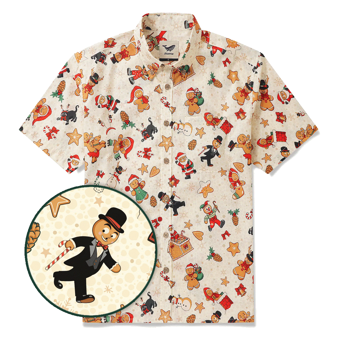 Christmas Gift Men's Hawaiian Shirt Short Sleeve Button-down 100% Cotton Beige Aloha Gingerbread Christmas Carnival By Huan huan