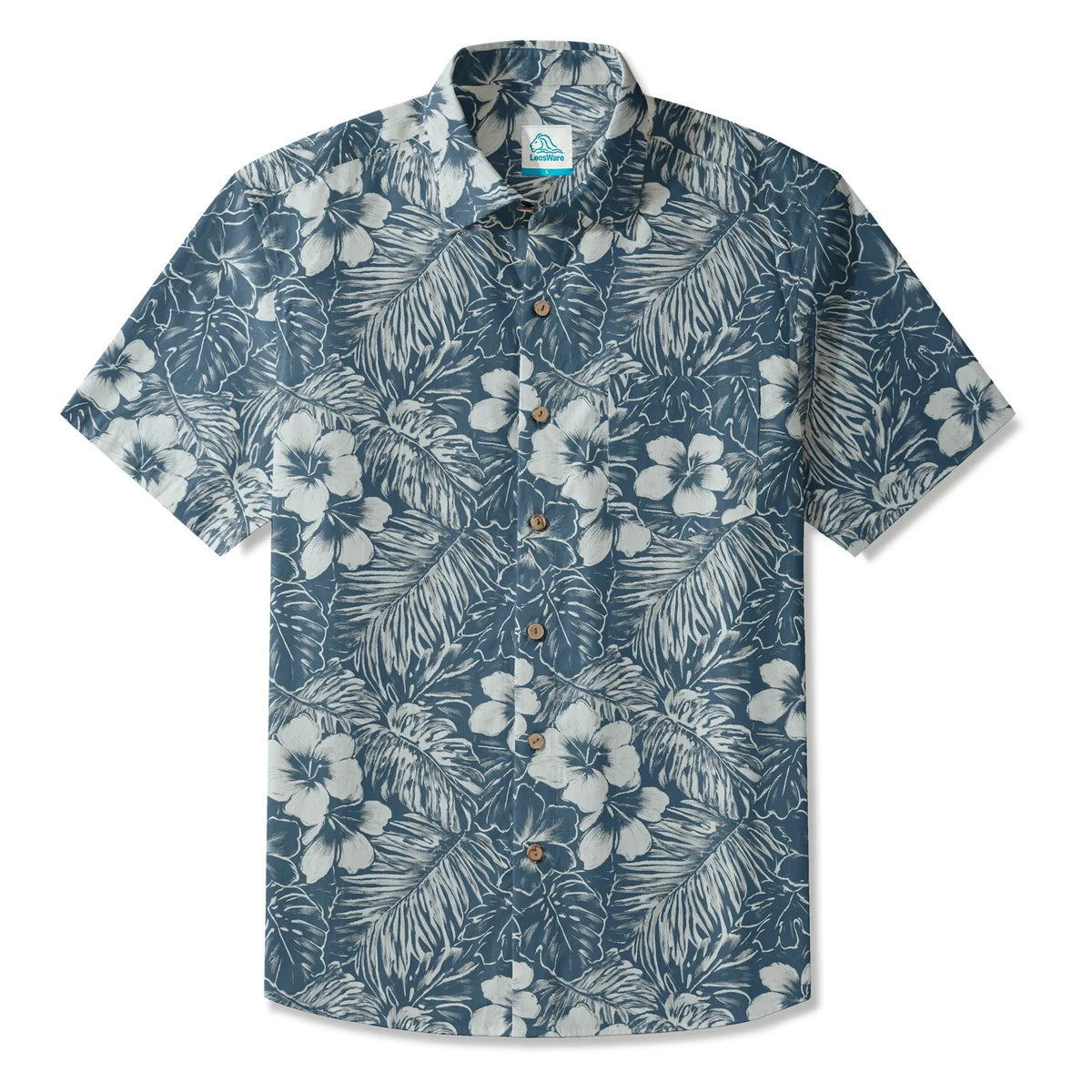 LeosWare® Hibiscus Flower Men's Hawaiian Shirt Short Sleeve Button-up 100% Cotton Blue Aloha Blue Ink Flower Shadows By Ann