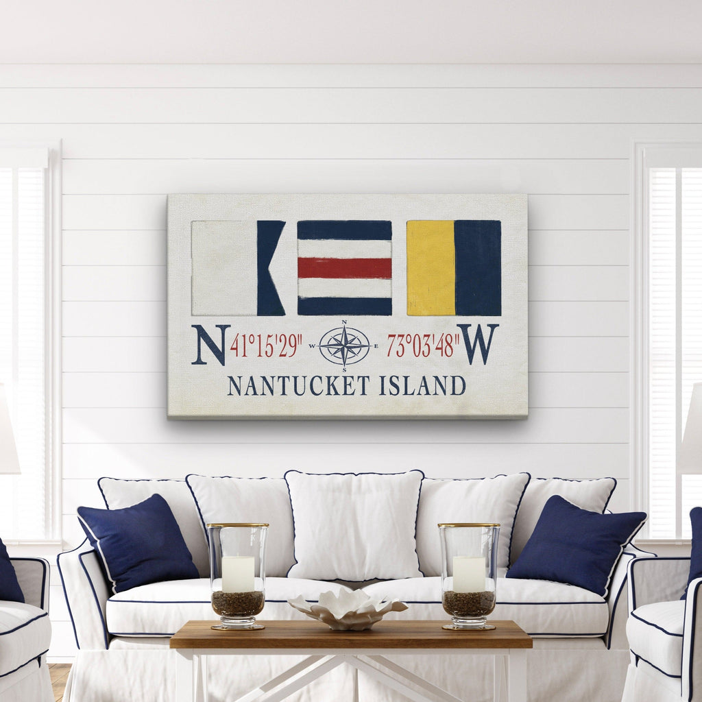 Nantucket Sign With Latitude Longitude Coordinates and ACK Maritime Flags
