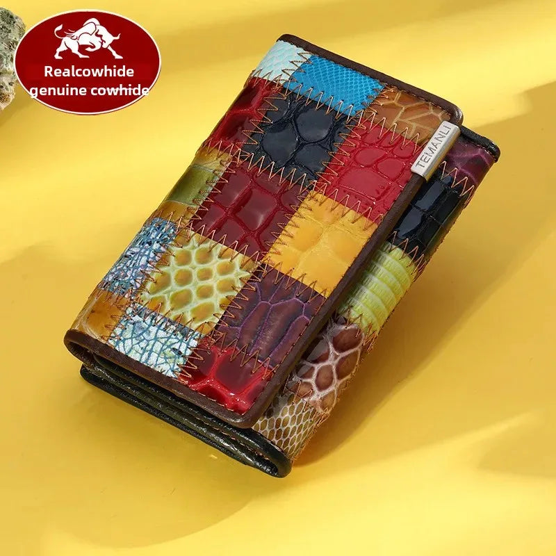 Fashionable Cropped Colorful Genuine Leather Wallet Women's Multi-card Slot Coin Purse Handheld Bag Trendy Style