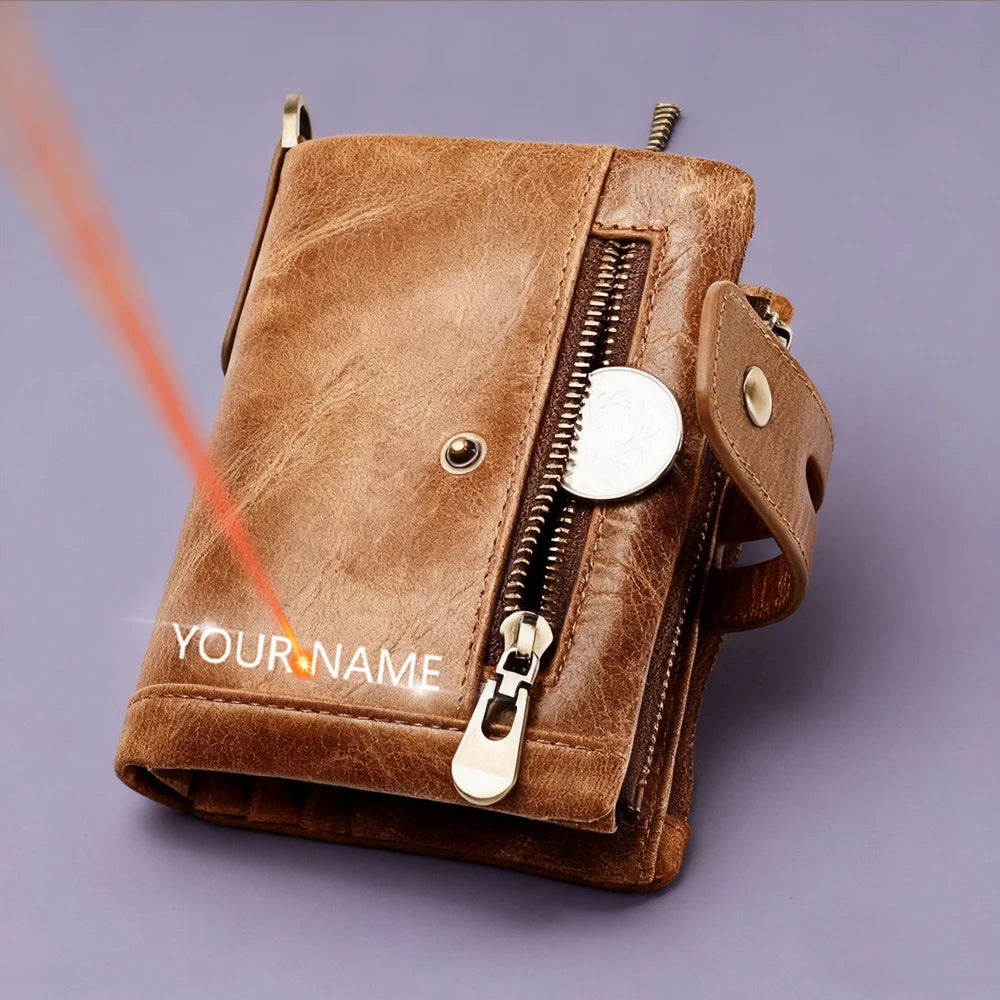 High Capacity Genuine Leather Women's RFID Wallet Name Engraving Card Holders Vintage Unisex Wallet Zipper Coin Purse for Girls