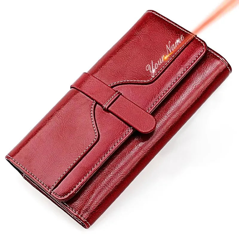 Name Engraving New Women RFID Wallets Genuine Leather Phone Pocket Zipper Female Coin Purse Big Capacity Card Holder For Girls