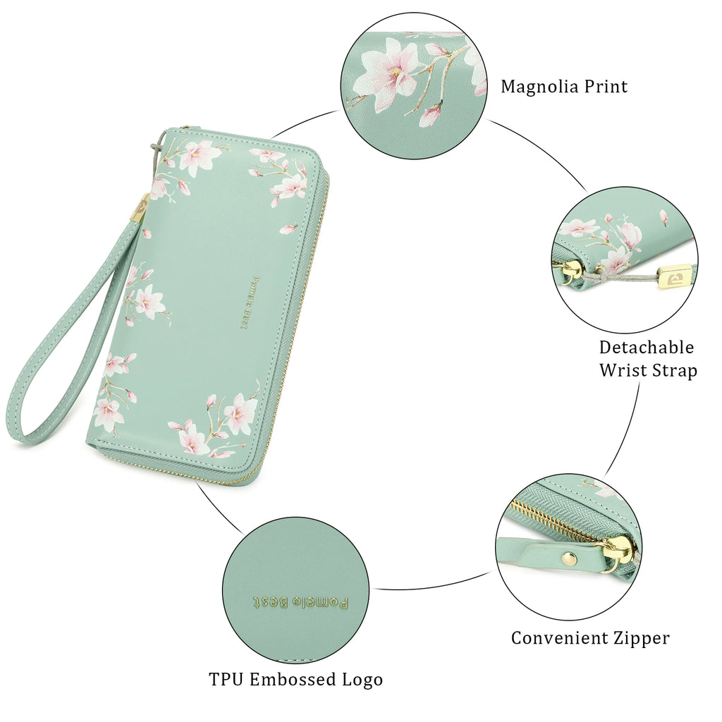 RFID Blocking Leather Multi Credit Card Large Capacity Zip Around Wallets Clutch Wristlet Travel Flower Long Purse for Women