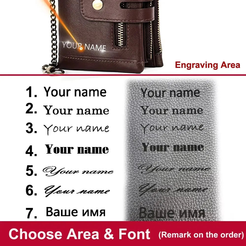 High Capacity Genuine Leather Women's RFID Wallet Name Engraving Card Holders Vintage Unisex Wallet Zipper Coin Purse for Girls