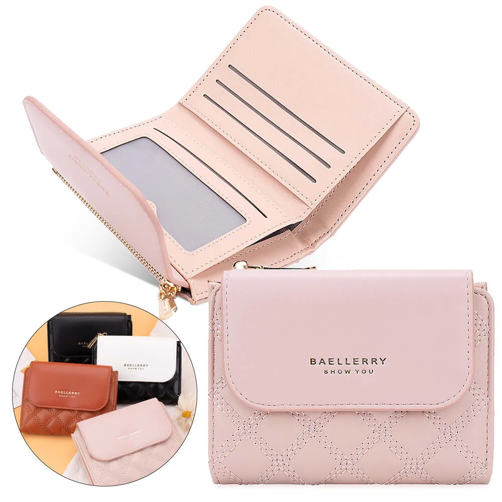 Fashion Women's Wallets Leather Trifold Short Credit Card Holder Purse with Zipper Coin Pocket Photo Girls Cute Pink Wallet