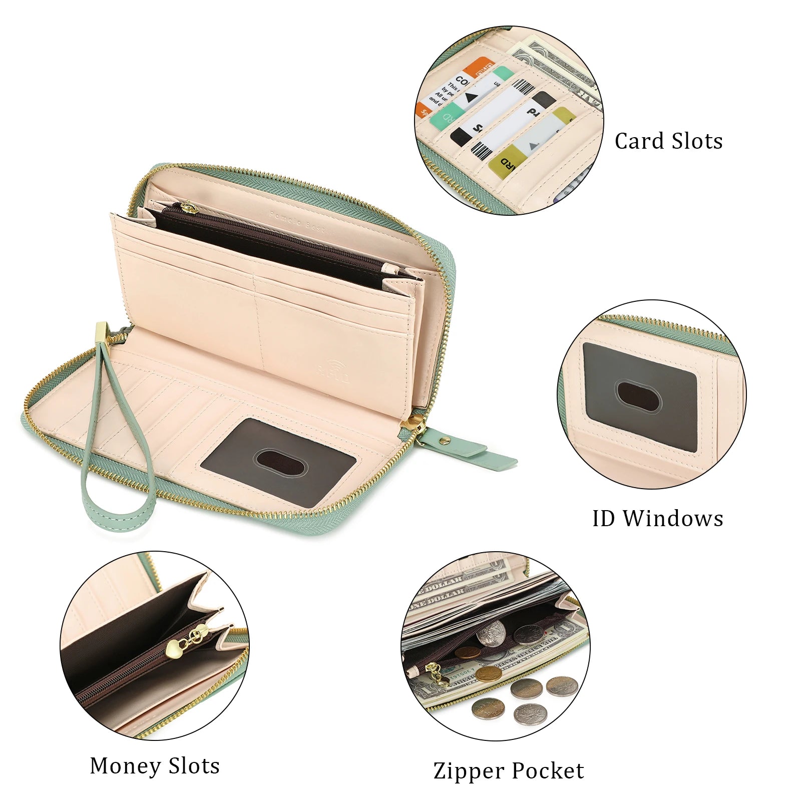 RFID Blocking Leather Multi Credit Card Large Capacity Zip Around Wallets Clutch Wristlet Travel Flower Long Purse for Women