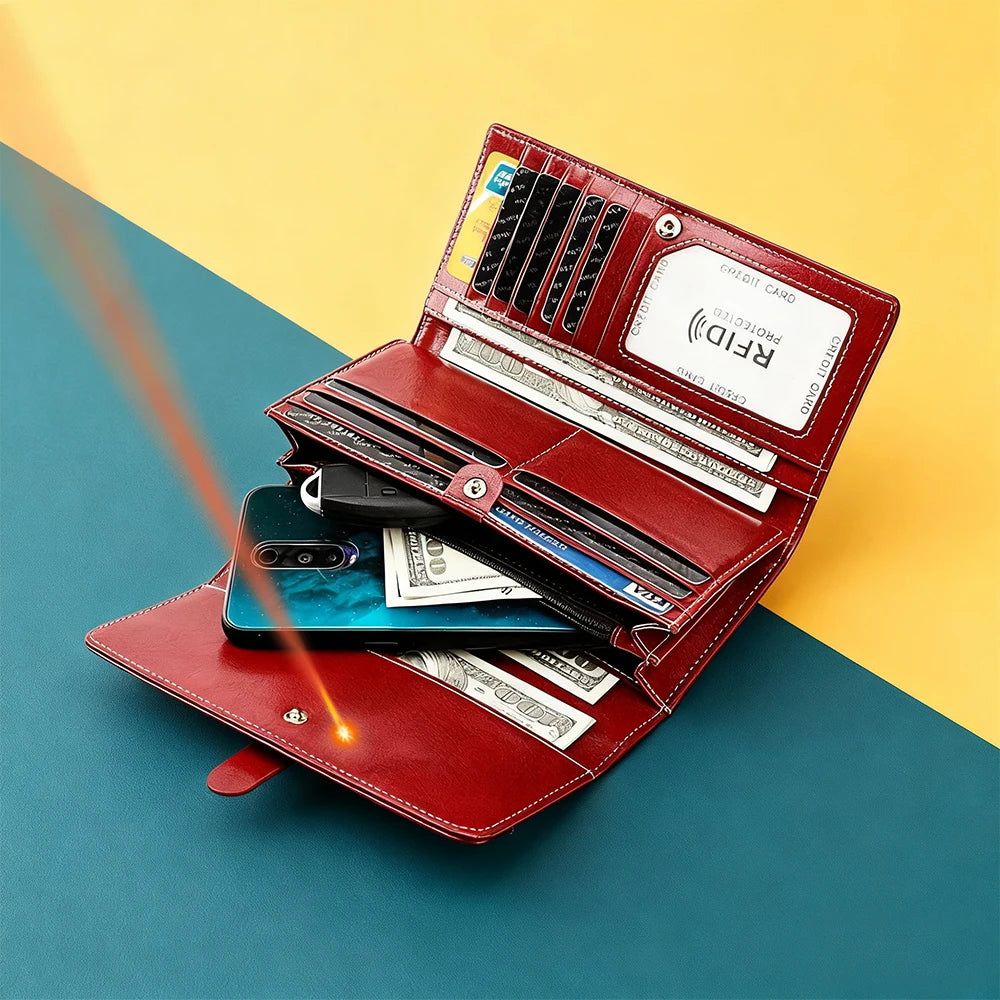 Name Engraving New Women RFID Wallets Genuine Leather Phone Pocket Zipper Female Coin Purse Big Capacity Card Holder For Girls