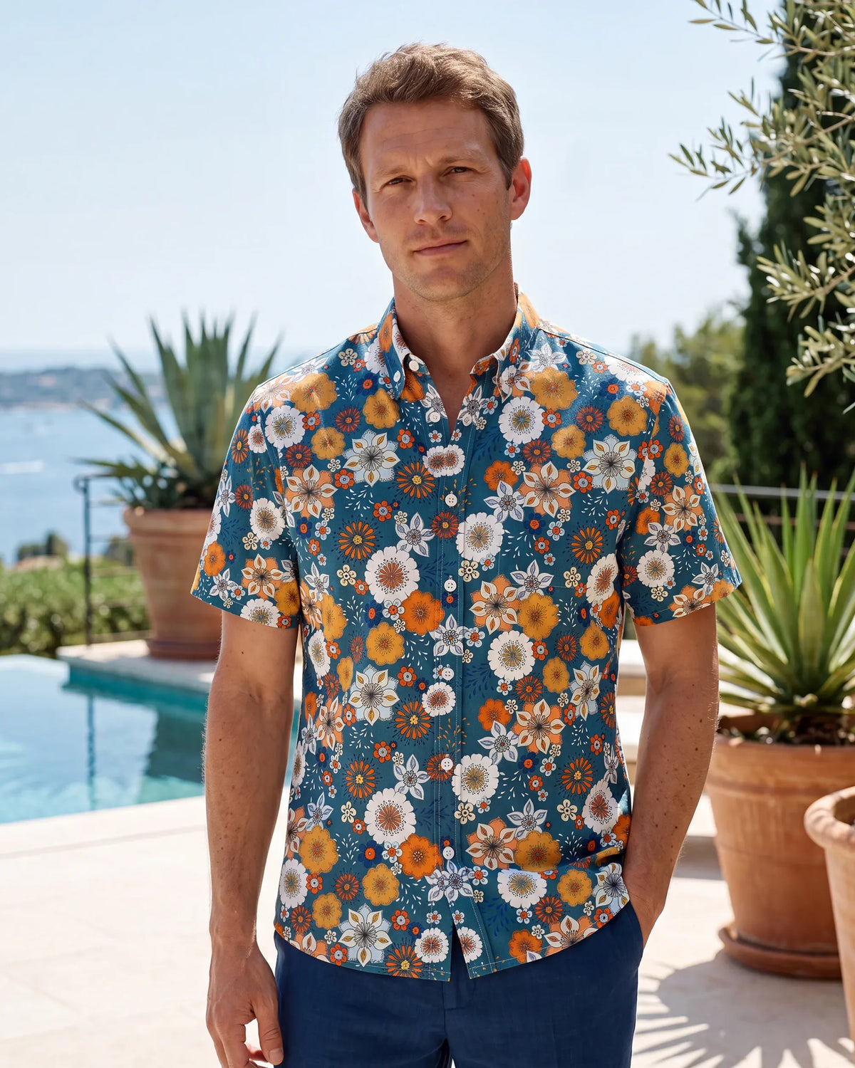 1960s Floral Hawaiian Shirt For Men Colorful Short Sleeve Button-down 100% Cotton Blue Shirt Aloha 60's Floral By Samantha O' Malley