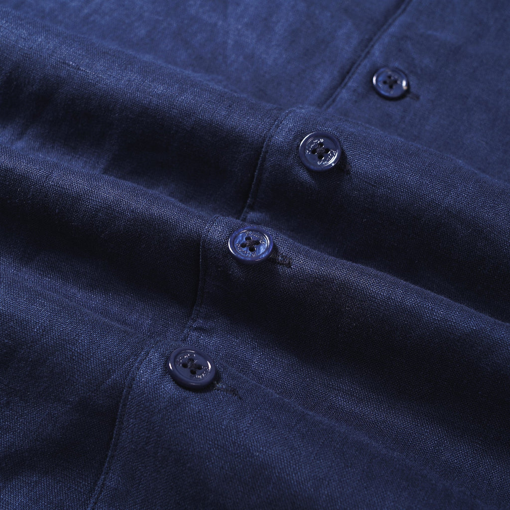 Men's Basic Shirt Short Sleeve Camp Collar 100% Linen Navy Blue Solid Color