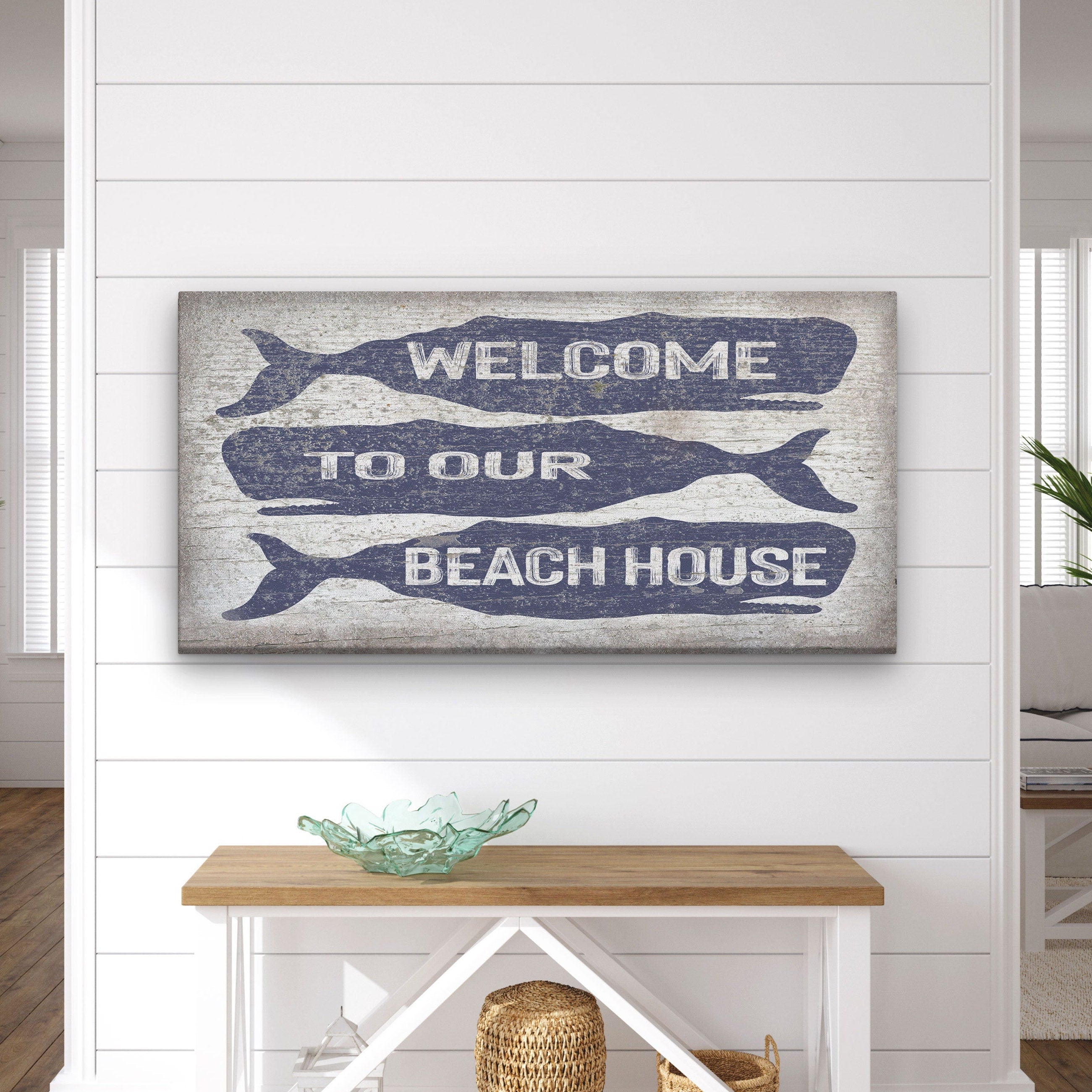 Welcome Sign with Whale - Beach House Name Sign - Coastal Wall Art