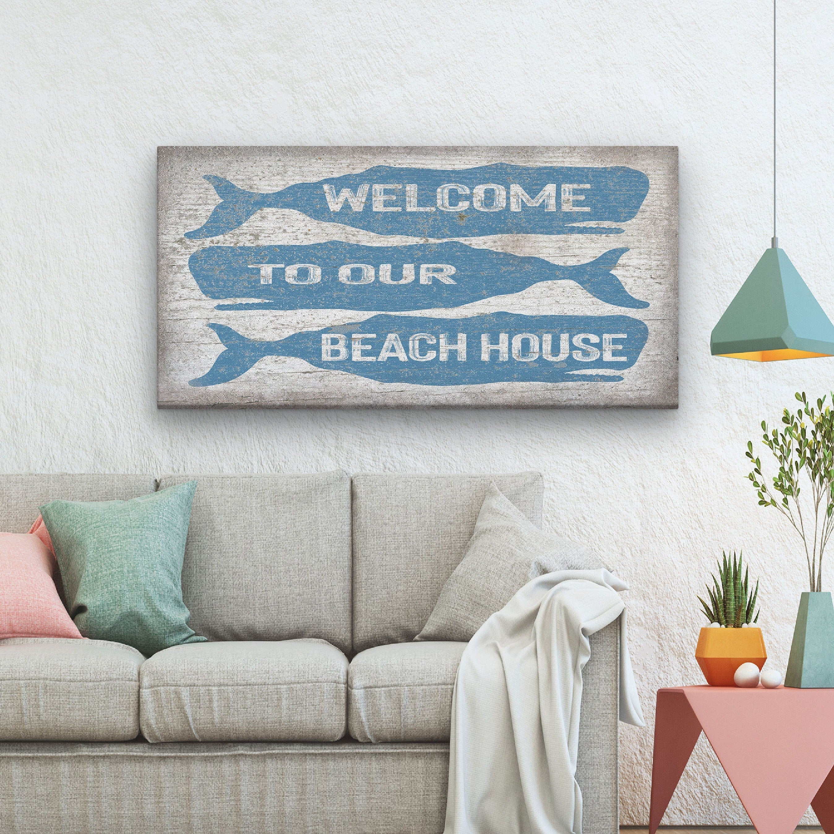 Welcome Sign with Whale - Beach House Name Sign - Coastal Wall Art