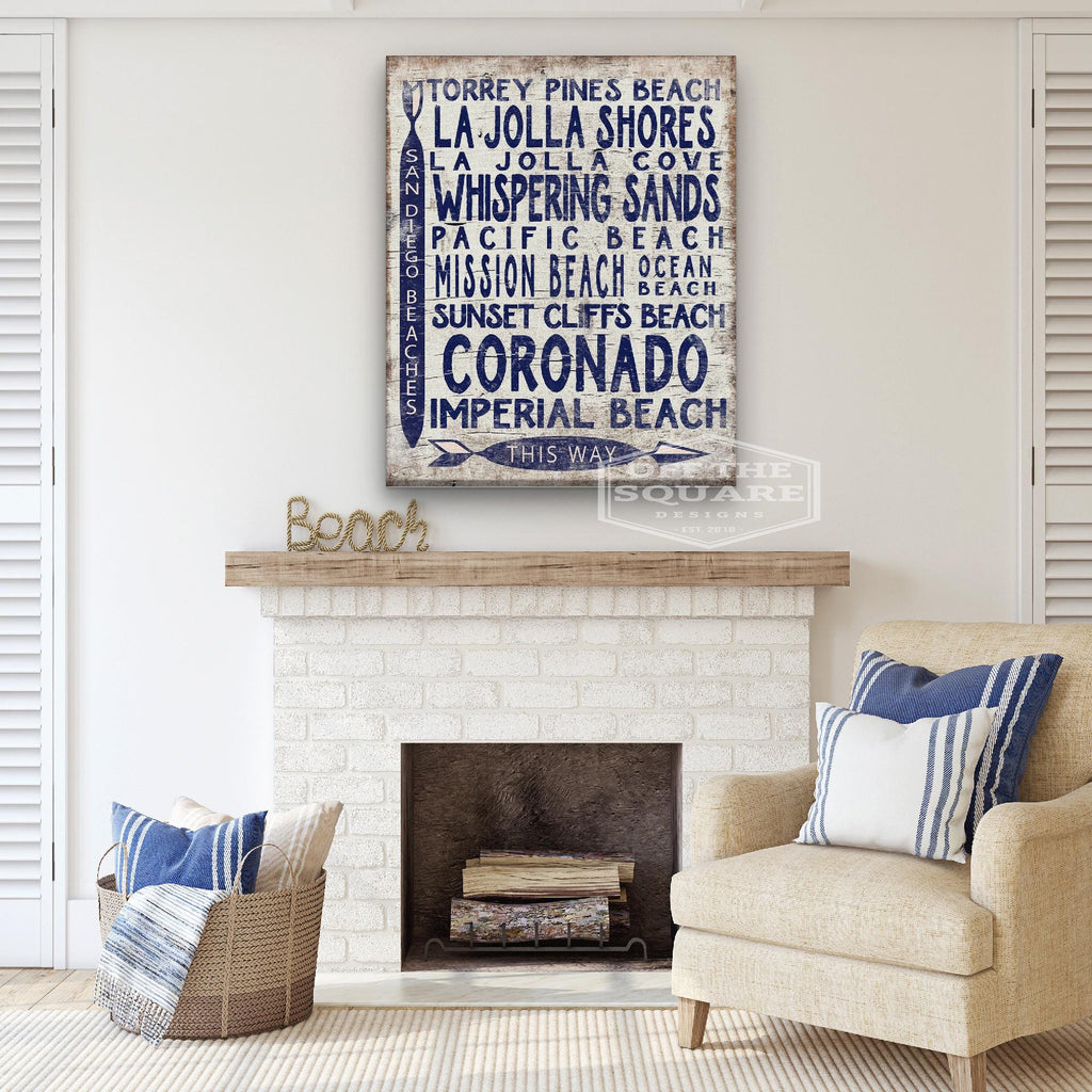 San Diego Beaches Sign - Vintage Wood Look Arrow